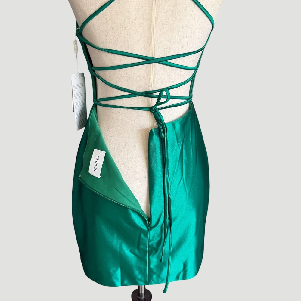 Stacees Emerald Green Satin Lace Up Back Mini Dress Sz 8 NWT Coquette‎ HOCO - Picture 8 of 13